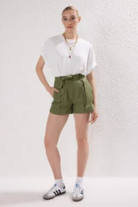 TRENDYOLMiLLA Light Khaki linen look Belted Shorts & Bermuda - Image 6