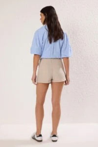 TRENDYOLMiLLA Beige Contrast Stitched Mini Gabardine Cotton Shorts Skirt - Image 3