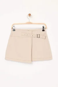 TRENDYOLMiLLA Beige Contrast Stitched Mini Gabardine Cotton Shorts Skirt - Image 4