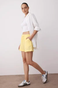 TRENDYOLMiLLA Yellow Muslin Elastic Waist High Waist City Size Shorts & Bermuda - Image 2