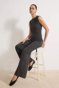 TRENDYOLMİLLA Anthracite Fitted Asymmetric Wide Leg textured Knitting Top and Bottom Set