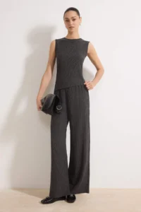 TRENDYOLMİLLA Anthracite Fitted Asymmetric Wide Leg textured Knitting Top and Bottom Set - Image 2