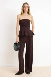 TRENDYOLMİLLA Brown peplum Sleeveless Wide Leg Soft Touch Knitting Top and Bottom Set