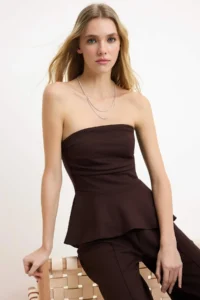 TRENDYOLMİLLA Brown peplum Sleeveless Wide Leg Soft Touch Knitting Top and Bottom Set - Image 2