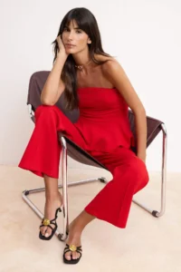 TRENDYOLMİLLA Red peplum Sleeveless Wide Leg Soft Touch Knitting Top and Bottom Set