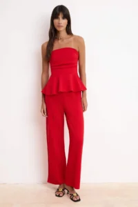 TRENDYOLMİLLA Red peplum Sleeveless Wide Leg Soft Touch Knitting Top and Bottom Set - Image 2