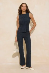 TRENDYOLMİLLA Navy Blue Striped Fitted snaps Belted Wide Leg Scuba Crepe Knitting Top and Bottom Set