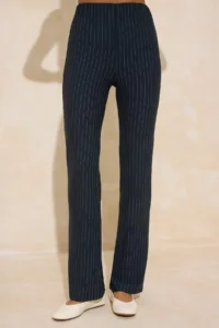 TRENDYOLMİLLA Navy Blue Striped Fitted snaps Belted Wide Leg Scuba Crepe Knitting Top and Bottom Set - Image 3