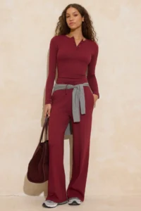 TRENDYOLMİLLA Burgundy Fitted Long Sleeve Flexible Knitting Bottom - Top Set