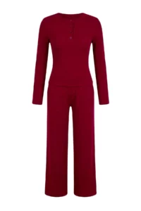 TRENDYOLMİLLA Burgundy Fitted Long Sleeve Flexible Knitting Bottom - Top Set - Image 5