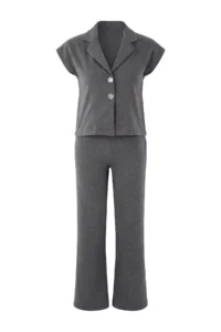 TRENDYOLMİLLA Anthracite Fitted/Body-Sitting buttoned Pipe Both interlock Knitting Top and Bottom Set - Image 5