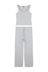 TRENDYOLMİLLA Wardrobe Essentials-Gray Melange Fitted flared leg Knitting Top and Bottom Set - Image 5
