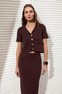TRENDYOLMİLLA Brown Button Detailed Jacket Knitwear Bottom - Top Set - Image 2