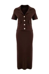 TRENDYOLMİLLA Brown Button Detailed Jacket Knitwear Bottom - Top Set - Image 5