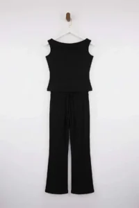 TRENDYOLMİLLA Teen Black Plain Fitted Pipe Both Ribbed Flexible Knitting Top and Bottom Set - Image 6