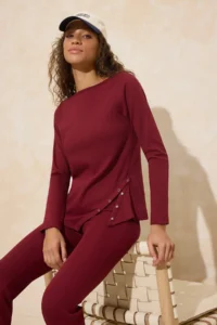 TRENDYOLMİLLA Burgundy Regular Asymmetric flared leg Cotton Rib Knitting Top and Bottom Set - Image 2