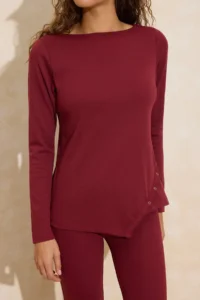 TRENDYOLMİLLA Burgundy Regular Asymmetric flared leg Cotton Rib Knitting Top and Bottom Set - Image 3