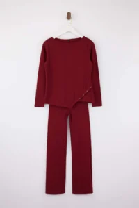 TRENDYOLMİLLA Burgundy Regular Asymmetric flared leg Cotton Rib Knitting Top and Bottom Set - Image 5