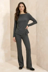 TRENDYOLMİLLA Anthracite Melanj Regular Asymmetric flared leg Cotton Rib Knitting Top and Bottom Set - Image 2