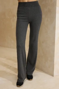 TRENDYOLMİLLA Anthracite Melanj Regular Asymmetric flared leg Cotton Rib Knitting Top and Bottom Set - Image 3