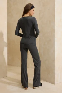 TRENDYOLMİLLA Anthracite Melanj Regular Asymmetric flared leg Cotton Rib Knitting Top and Bottom Set - Image 4