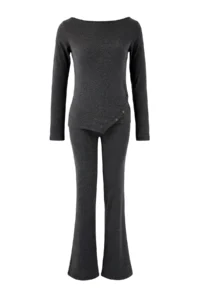 TRENDYOLMİLLA Anthracite Melanj Regular Asymmetric flared leg Cotton Rib Knitting Top and Bottom Set - Image 5