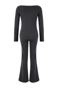 TRENDYOLMİLLA Anthracite Melanj Regular Asymmetric flared leg Cotton Rib Knitting Top and Bottom Set - Image 6