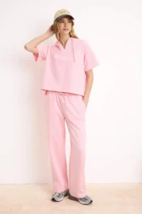 TRENDYOLMİLLA Pink Oversized Drop Sleeve Short Sleeve Wide Leg Thin Knitting Top and Bottom Set