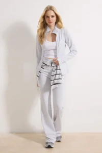 TRENDYOLMİLLA Gray Melange Fitted Zippered flared leg Cotton Rib Knitting Top and Bottom Set