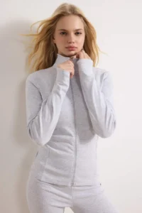 TRENDYOLMİLLA Gray Melange Fitted Zippered flared leg Cotton Rib Knitting Top and Bottom Set - Image 2