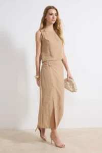 TRENDYOLMİLLA Beige Accessory and Slit Detailed Blouse-Skirt Weaving Bottom - Top Set