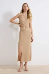 TRENDYOLMİLLA Beige Accessory and Slit Detailed Blouse-Skirt Weaving Bottom - Top Set - Image 2