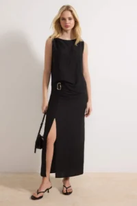 TRENDYOLMİLLA Black Accessory and Slit Detailed Blouse-Skirt Weaving Bottom - Top Set