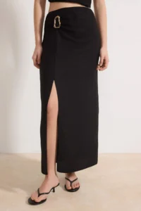 TRENDYOLMİLLA Black Accessory and Slit Detailed Blouse-Skirt Weaving Bottom - Top Set - Image 3
