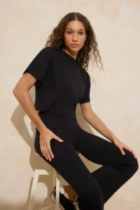 TRENDYOLMİLLA Black relaxed Drop Sleeve Short Sleeve Pipe Both Cotton Rib Knitting Top and Bottom Set - Image 2