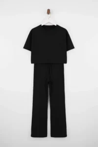 TRENDYOLMİLLA Black relaxed Drop Sleeve Short Sleeve Pipe Both Cotton Rib Knitting Top and Bottom Set - Image 5