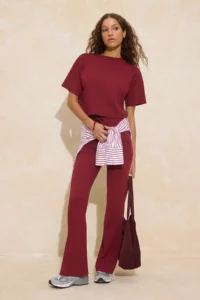 TRENDYOLMİLLA Burgundy relaxed Drop Sleeve Short Sleeve Pipe Both Cotton Rib Knitting Top and Bottom Set