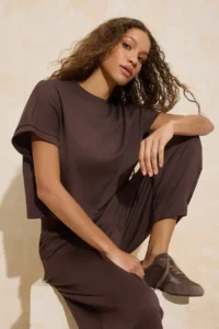 TRENDYOLMİLLA Brown Oversized Sewing Detailed Skinny Leg Soft Touch Knitting Top and Bottom Set