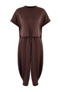 TRENDYOLMİLLA Brown Oversized Sewing Detailed Skinny Leg Soft Touch Knitting Top and Bottom Set - Image 5