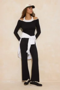 TRENDYOLMİLLA Black Color Blocked Fitted flared leg Cotton Rib Knitting Top and Bottom Set