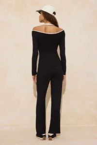 TRENDYOLMİLLA Black Color Blocked Fitted flared leg Cotton Rib Knitting Top and Bottom Set - Image 4