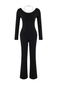 TRENDYOLMİLLA Black Color Blocked Fitted flared leg Cotton Rib Knitting Top and Bottom Set - Image 5
