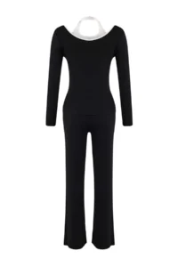 TRENDYOLMİLLA Black Color Blocked Fitted flared leg Cotton Rib Knitting Top and Bottom Set - Image 7