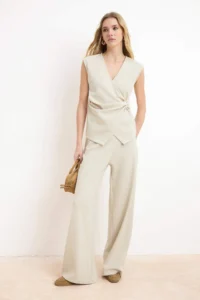 TRENDYOLMİLLA Stone Fitted Asymmetric Accessory Detailed Pique Knitting Top and Bottom Set - Image 2