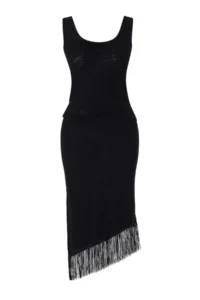 TRENDYOLMİLLA Black Thin Cellular 2 Sets Sleeveless Blouse-Asymmetric Tasseled Skirt Knitwear Bottom - Top Set