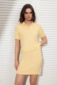 TRENDYOLMİLLA Yellow Polo Shirt Collar Soft textured 2 Sets Blouse-Skirt Set Knitwear - Image 2
