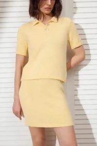 TRENDYOLMİLLA Yellow Polo Shirt Collar Soft textured 2 Sets Blouse-Skirt Set Knitwear - Image 3