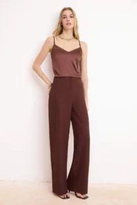 TRENDYOLMİLLA Brown Satin Sleeveless Blouse Material Wide Leg Pants Weaving Bottom - Top Set - Image 2