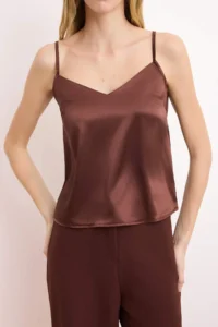 TRENDYOLMİLLA Brown Satin Sleeveless Blouse Material Wide Leg Pants Weaving Bottom - Top Set - Image 3