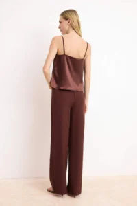 TRENDYOLMİLLA Brown Satin Sleeveless Blouse Material Wide Leg Pants Weaving Bottom - Top Set - Image 4